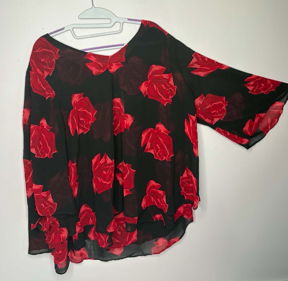 Roz & Ali Womens 3X Sheer Blouse Black Red Rose Floral 3/4 Sleeve Plus Size